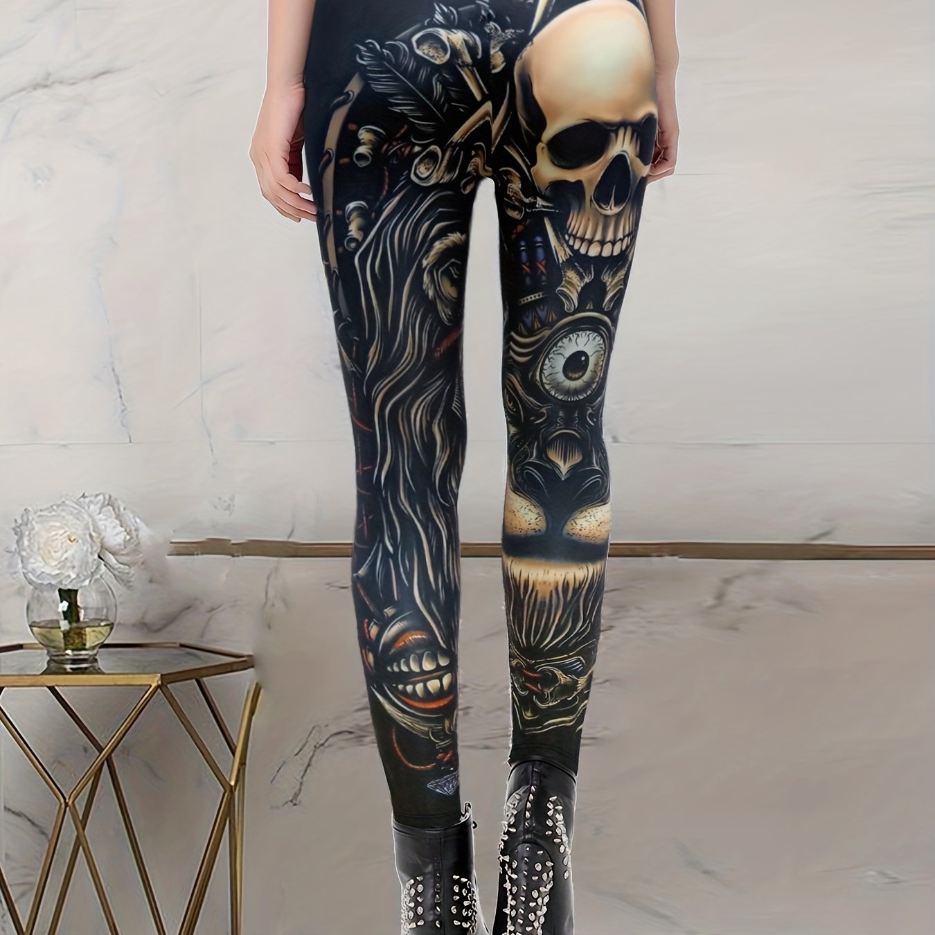 Gothic Skull Print Skinny Leggings High Waist Stretchy Leggings