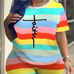 Women's Plus Stripe Letter Print Tee & Shorts Two Piece Set