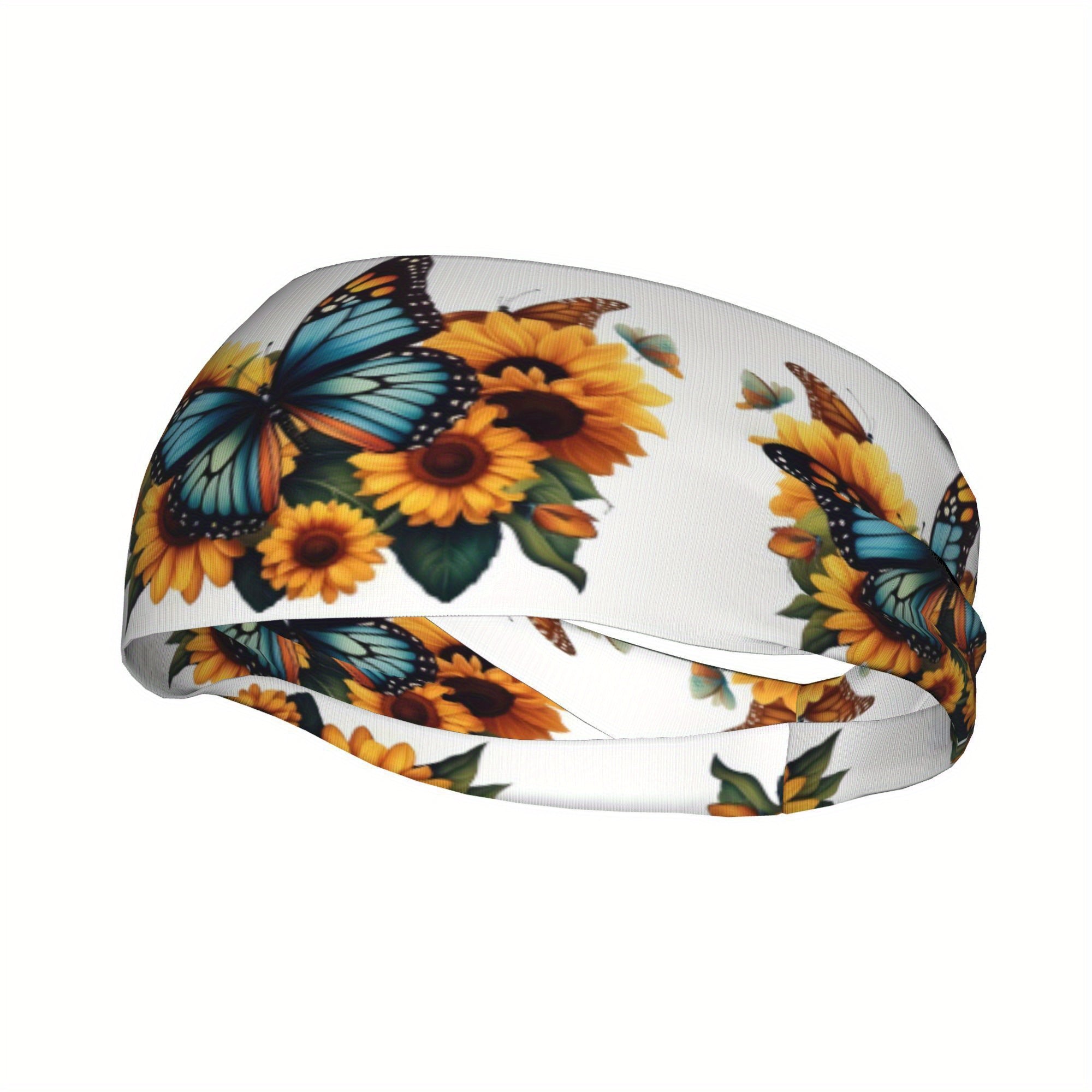 Sunflower & Butterfly Print Sports Headband - Stretchy & Breathable Polyester