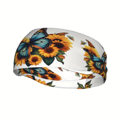 Sunflower & Butterfly Print Sports Headband - Stretchy & Breathable Polyester