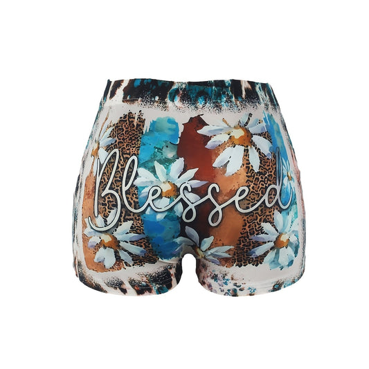 Letter & Floral Print Skinny Shorts for Women