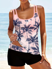 Tropical Tree Print Tankini Swimsuit w/ Criss Cross Straps High Waist - Pink