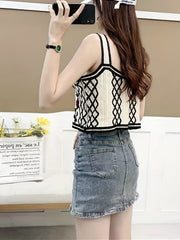 Flower Embroidered Crop Tank Top Casual Beach Wear Contrast Trim Tank Top