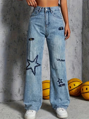 Star Letter Embroidery High Rise Straight Jeans