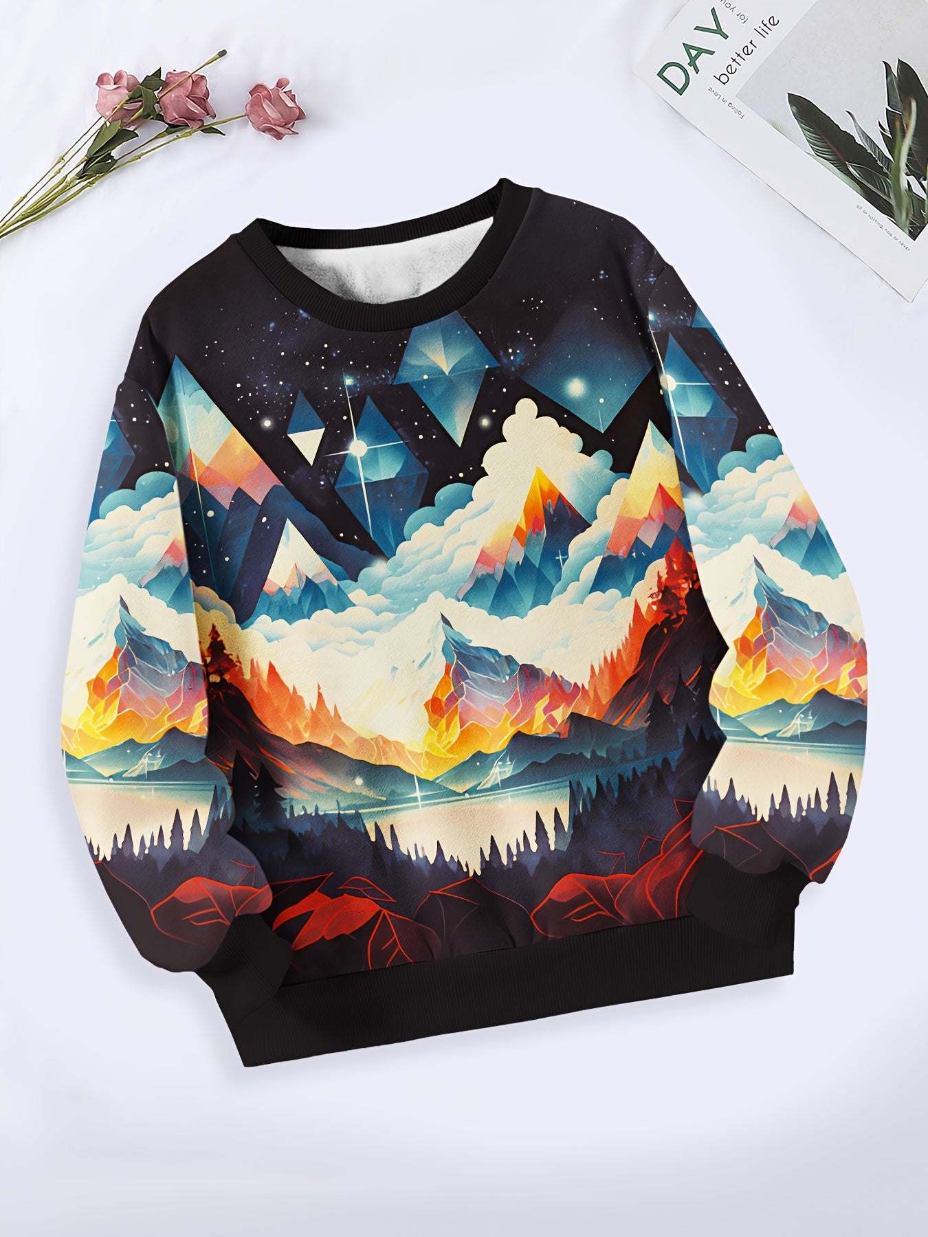 Dreamy Diamond Mountain In The Clouds Pattern Long Sleeve Crew Neck Sweatshirt