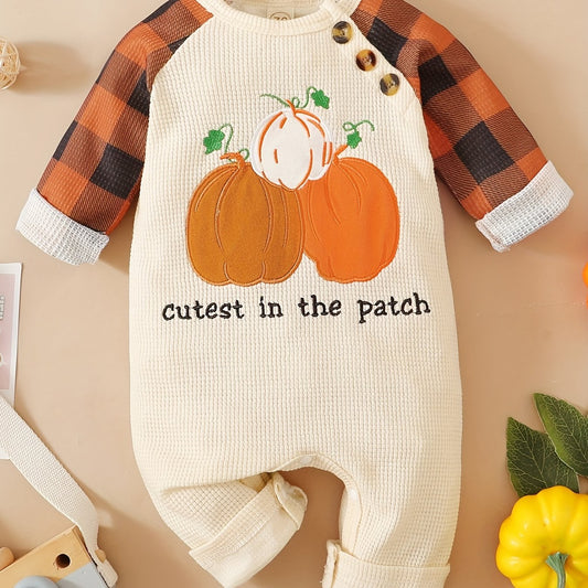 Baby Boy Halloween Plaid Pumpkin Embroidered Romper Outfit