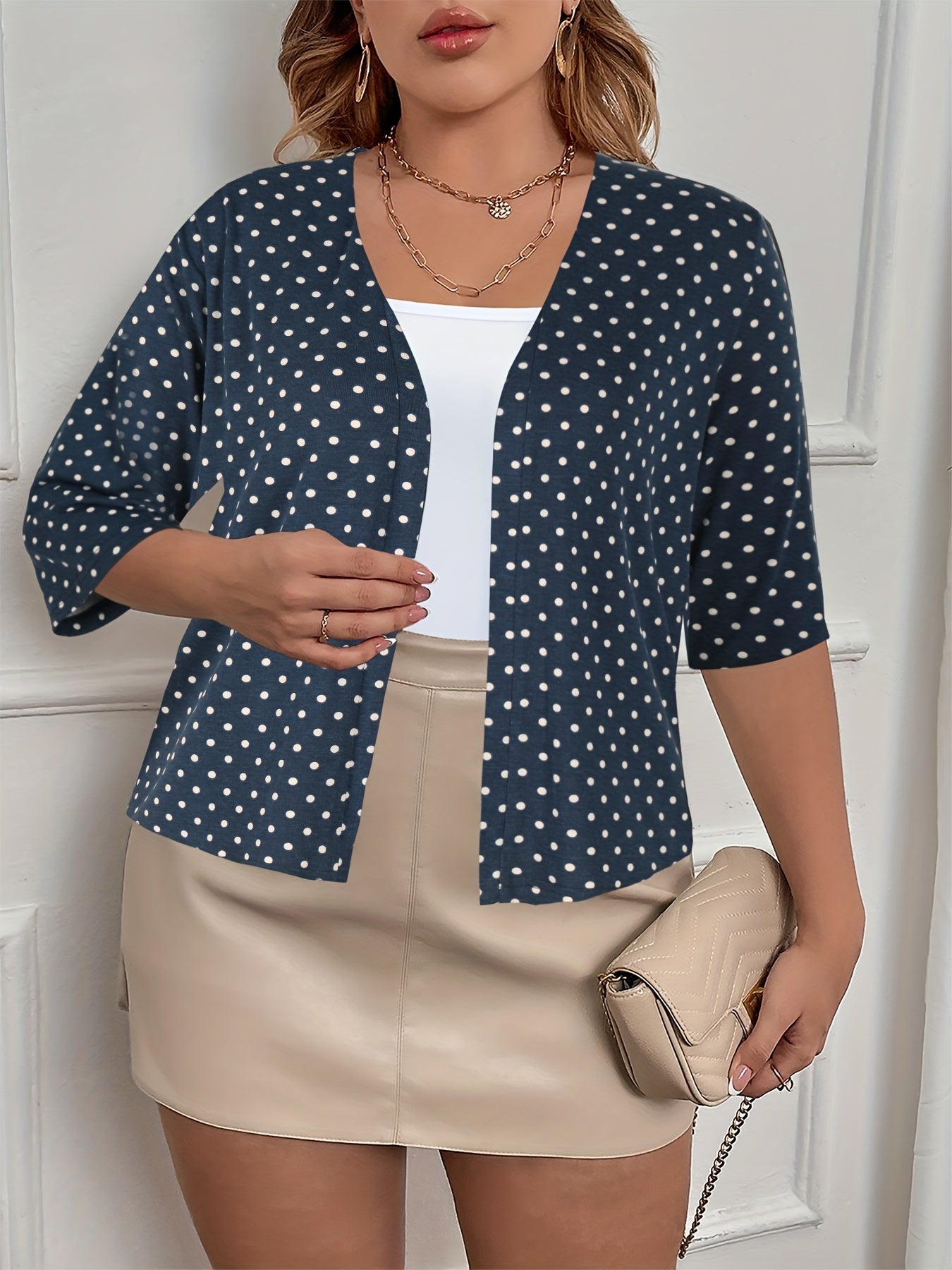 Polka Dot Print Cardigan Half Sleeve Open Front