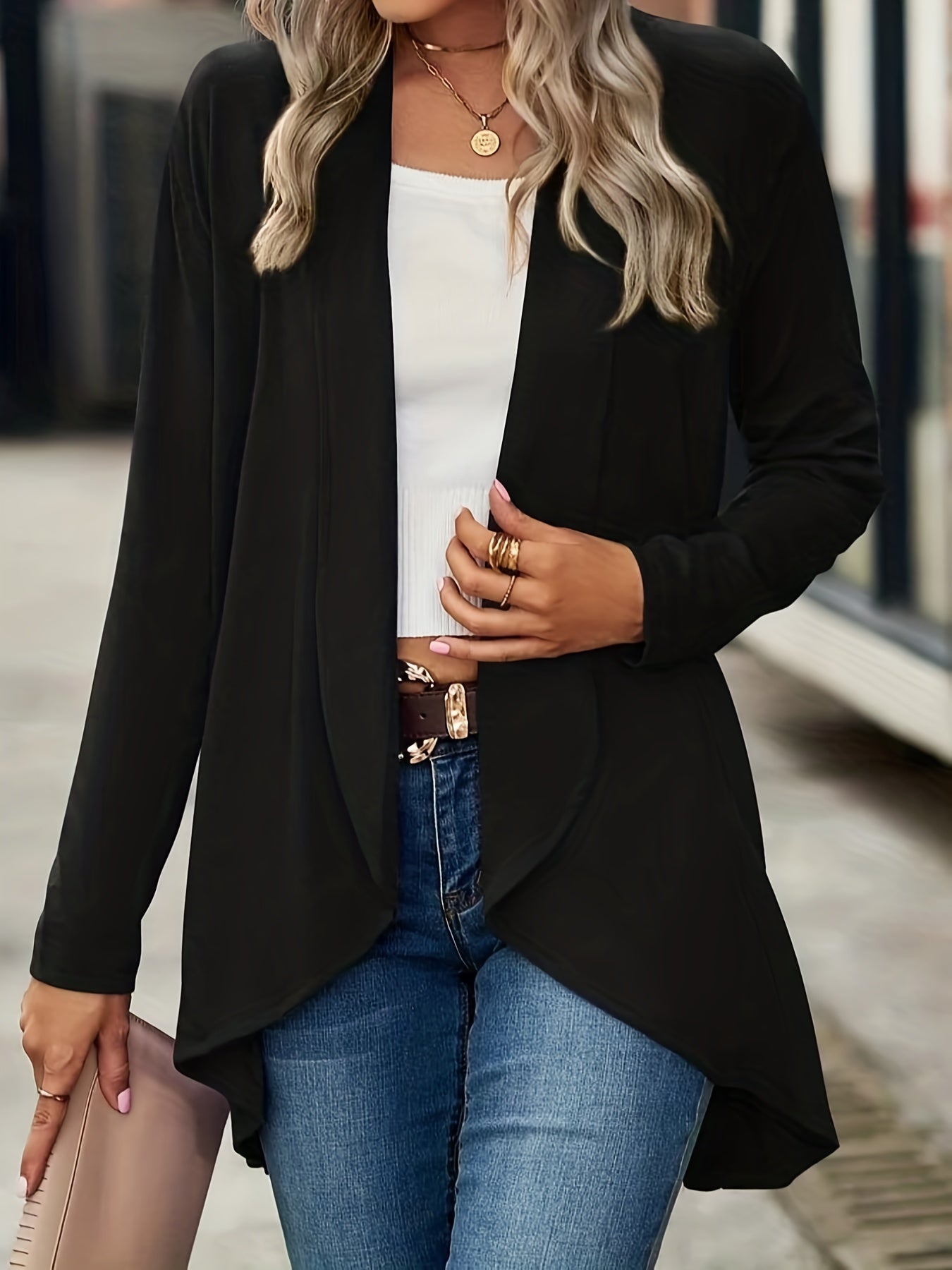 Solid Open Front Cardigan for Women
