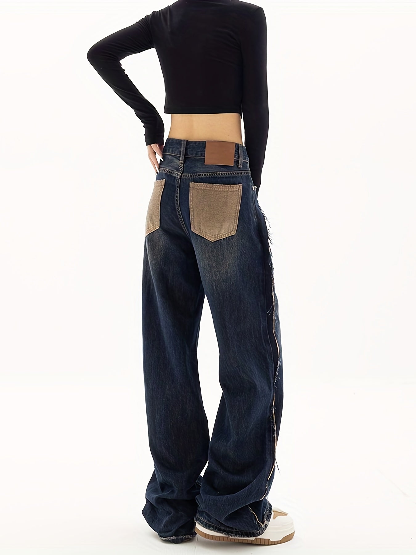 Dark Patchwork Straight Jeans Retro & Street Style Wide Legs Jeans