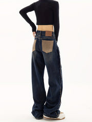 Dark Patchwork Straight Jeans Retro & Street Style Wide Legs Jeans