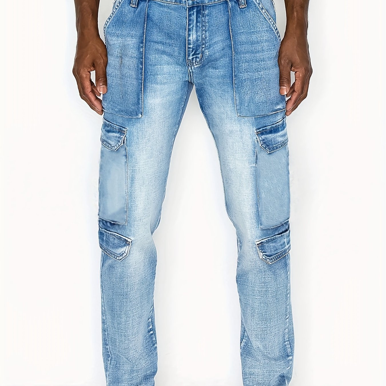 Mens Slim Fit Cargo Jeans Distressed Medium Stretch Denim Pants