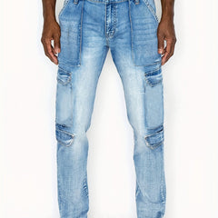 Mens Slim Fit Cargo Jeans Distressed Medium Stretch Denim Pants