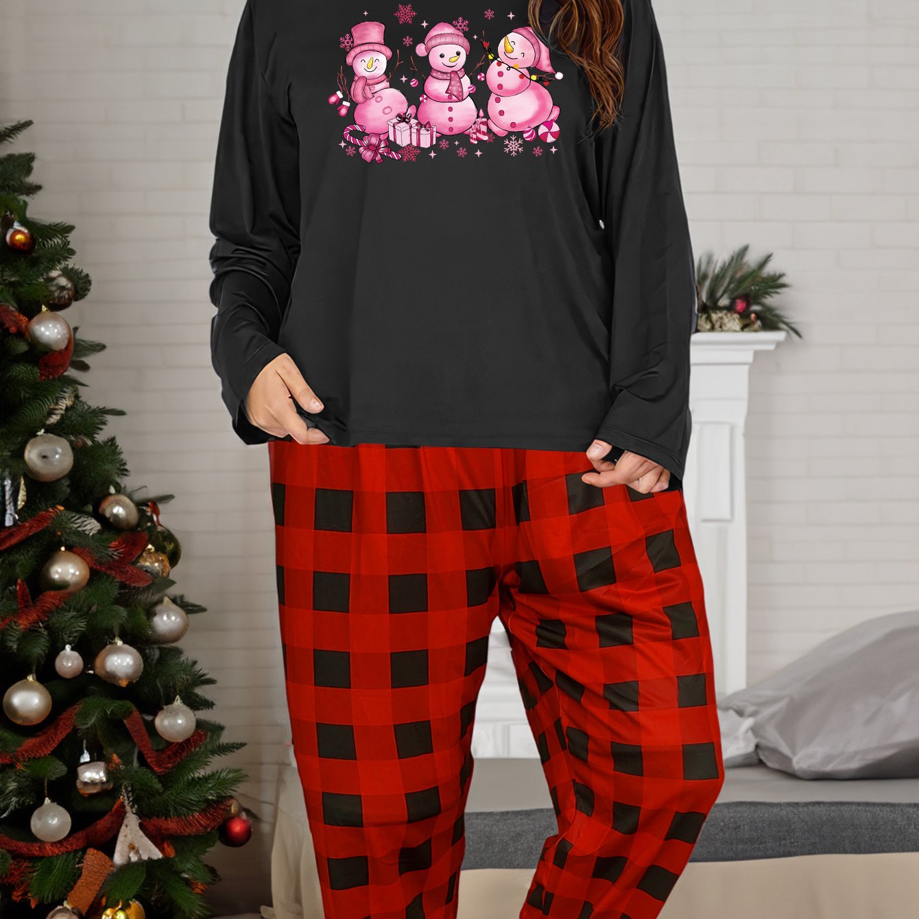 Christmas Loungewear Set Snowman & Print Top & Plaid Pants Pajamas