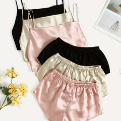 Satin Pajama Set V Neck Cami Top & Shorts Women's Sleepwear