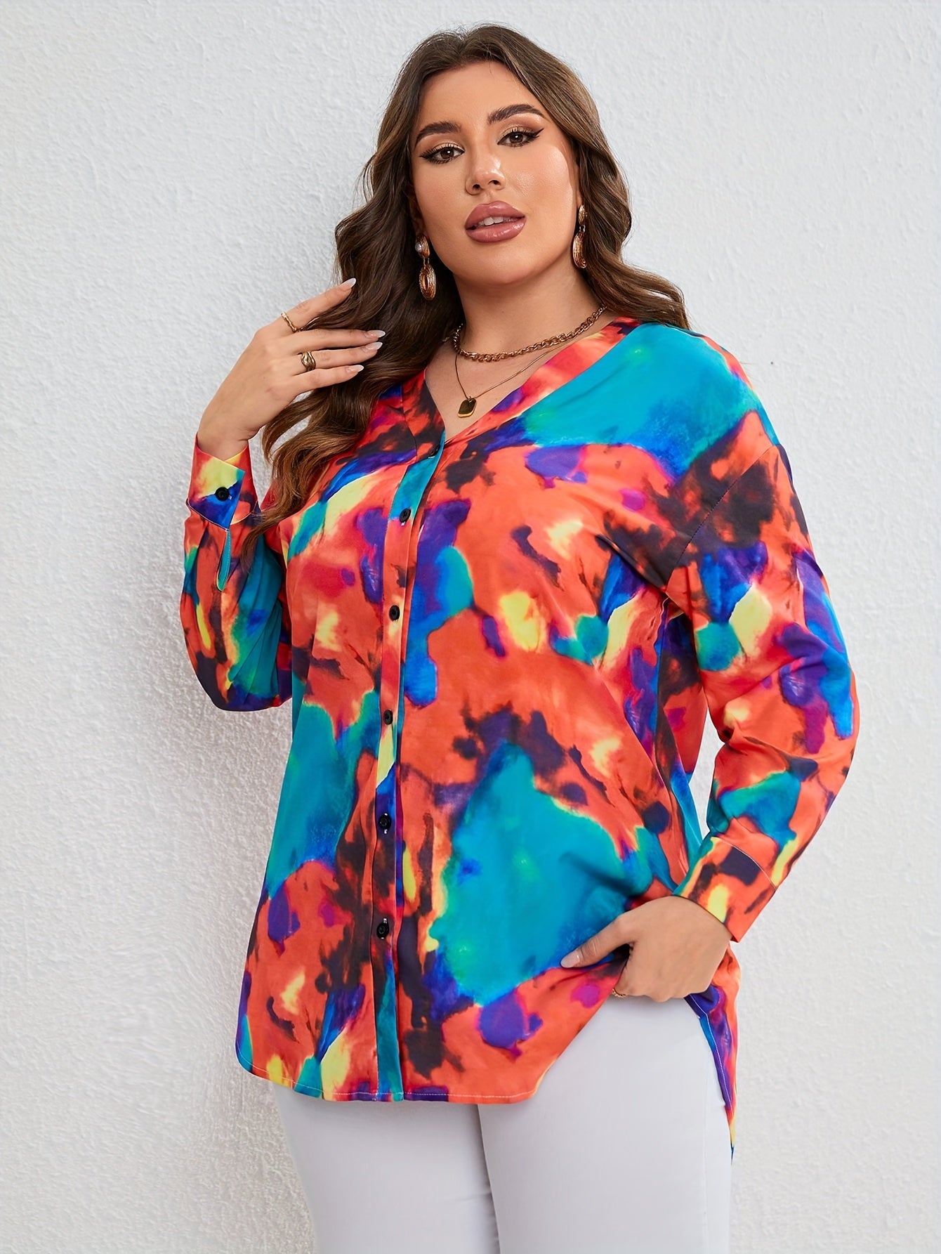 Tie Dye Button Up Long Sleeve V Neck Top