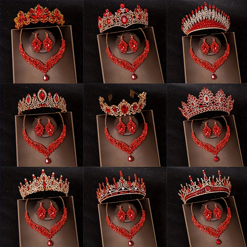 3pcs Red Princess Queen Crown Necklace Earrings Set