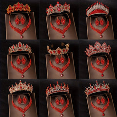3pcs Red Princess Queen Crown Necklace Earrings Set