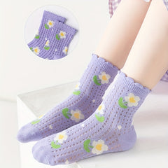 5 Pairs Girls Kids Lace Socks Flower Pattern Cotton Crew Socks 1-11 Years