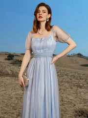 Mesh Short Sleeve Dress Square Neck Bridesmaid Party Guest Evening Gown Dress