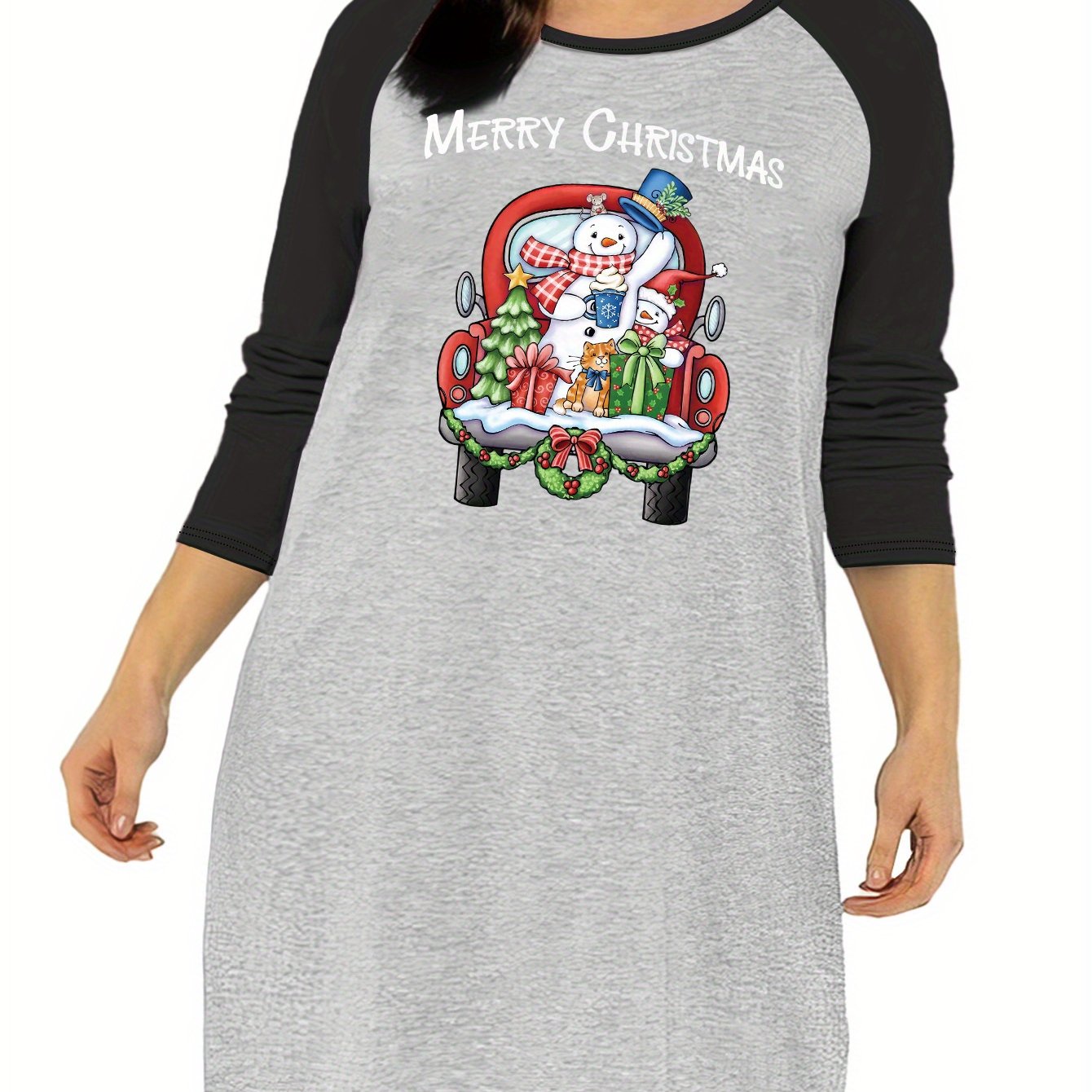 Christmas Nightdress Women's Snowman & Graphic Raglan Long Sleeve