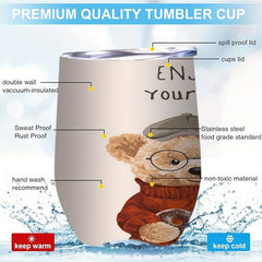 Stainless Steel Insulated Coffee Cup with Bear Enjoy Yourself Print