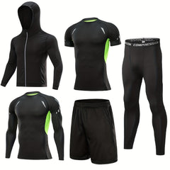 5 Pc Men's Quick Dry Gym Outfit: Jacket, Hoodie, T-shirt, Shorts, Leggings