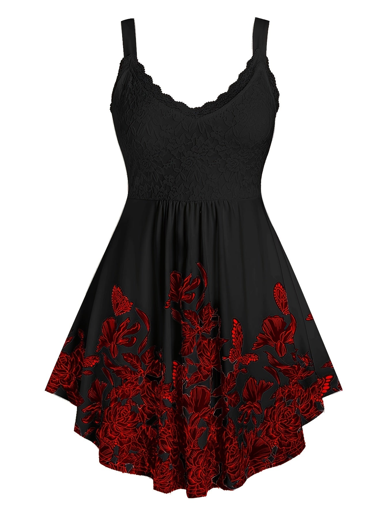 Floral Print Spaghetti Dress Sleeveless Ruched Lace Trim Casual Dress