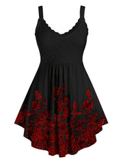 Floral Print Spaghetti Dress Sleeveless Ruched Lace Trim Casual Dress