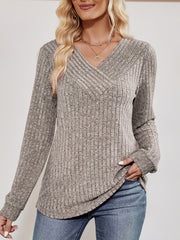Solid Ribbed Knit Long Sleeve Wrap V Neck Top