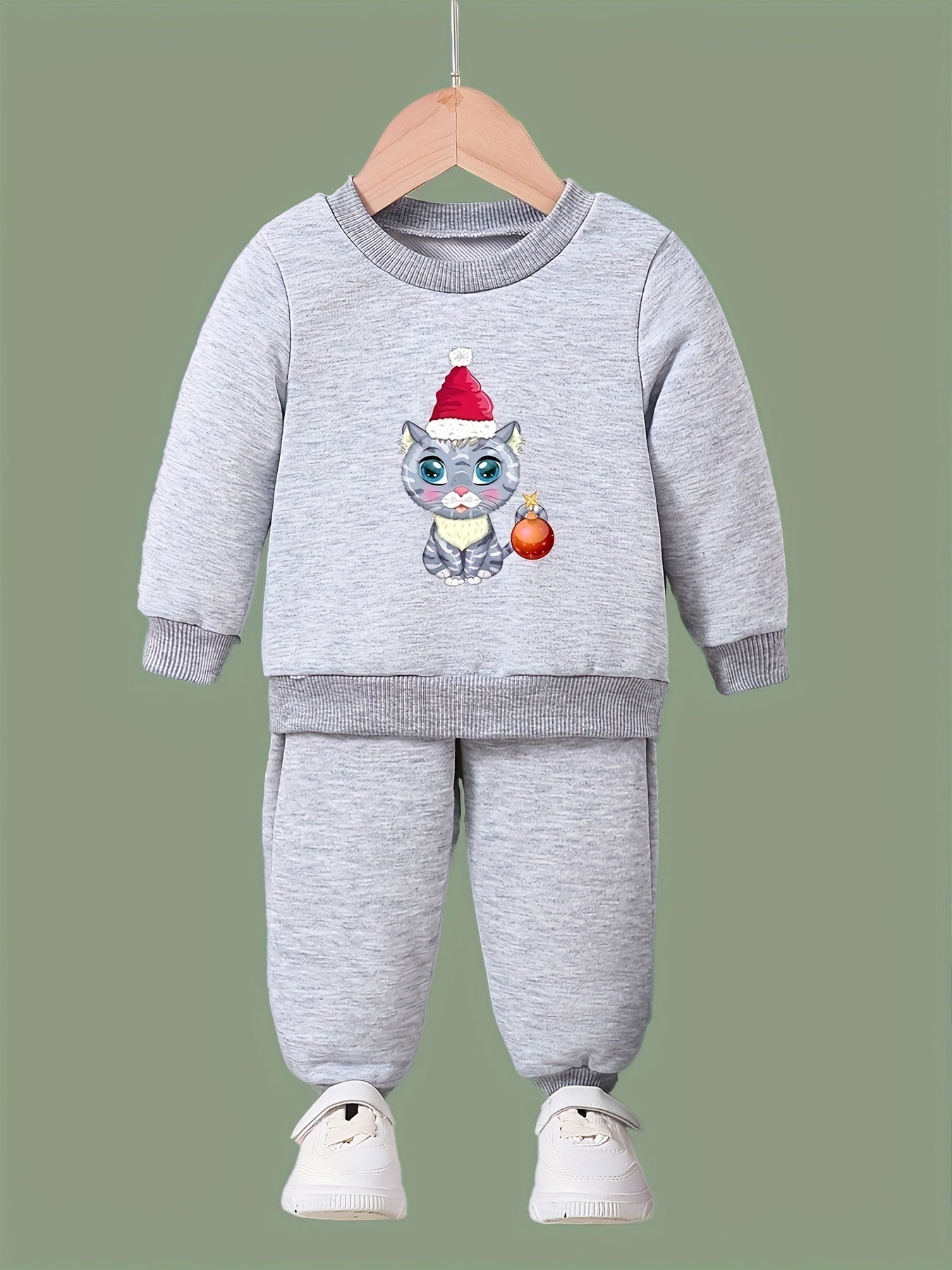 Girls 2pc Cat Crew Neck Sweatshirt and Solid Sweatpants Set