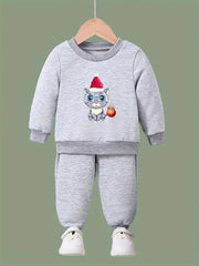 Girls 2pc Cat Crew Neck Sweatshirt and Solid Sweatpants Set