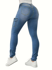 Cargo Pants Slim Fit Mid Stretch Side Zip Casual Skinny Jeans