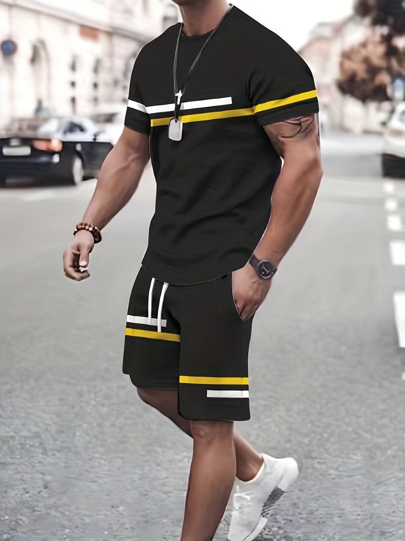 Strip Pattern 2Pcs Outfits Men Crew Neck Tee & Drawstring Shorts Set Summer