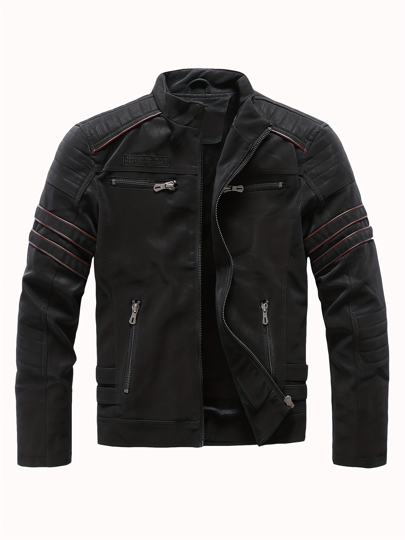 Men's Fleece Biker Jacket PU Leather Zip Up Stand Collar