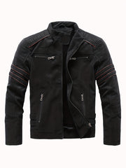Men's Fleece Biker Jacket PU Leather Zip Up Stand Collar