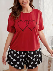 Women's Plus Heart Print Short Sleeve Tee & Shorts Pajamas Set