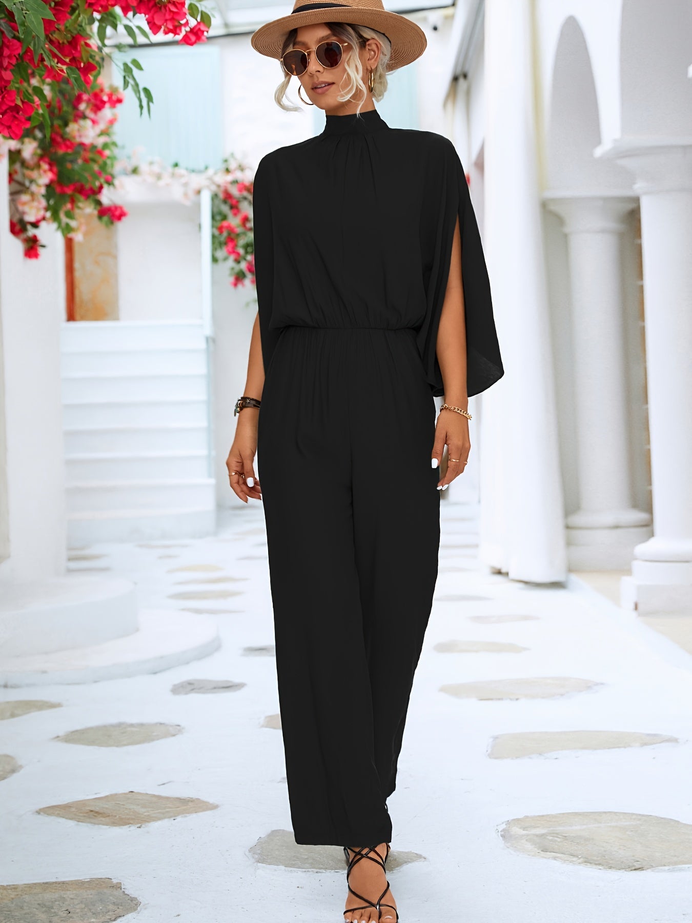 Stylish High Collar Loose Jumpsuit 3/4 Sleeve Casual Long Length