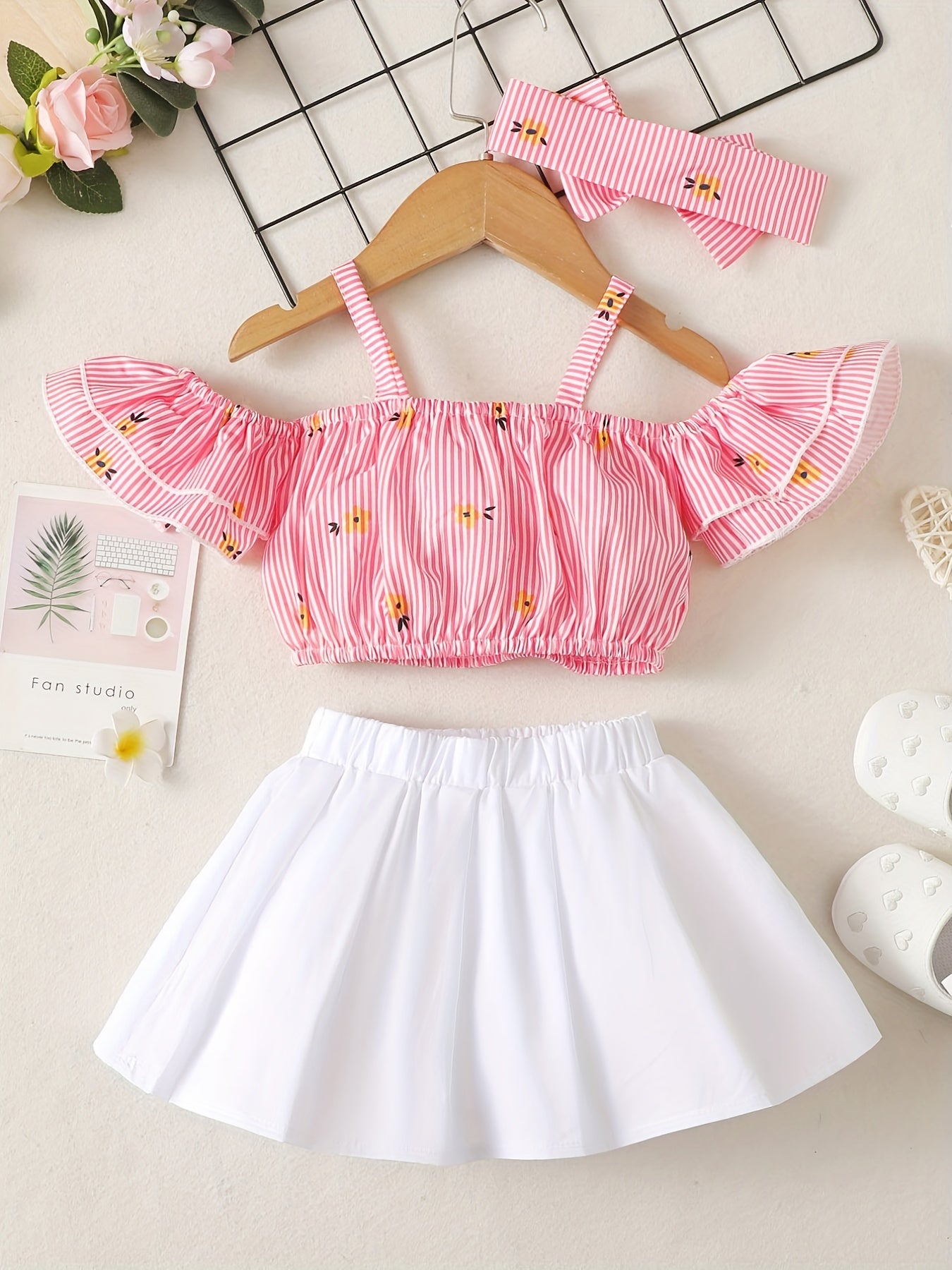 3pcs Newborn Baby Girls Off Shoulder Top & Skirt Set Clothes