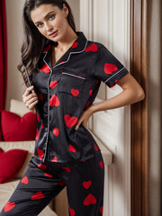 Heart Print Pajama Set Short Sleeve & Elastic Waistband Pants