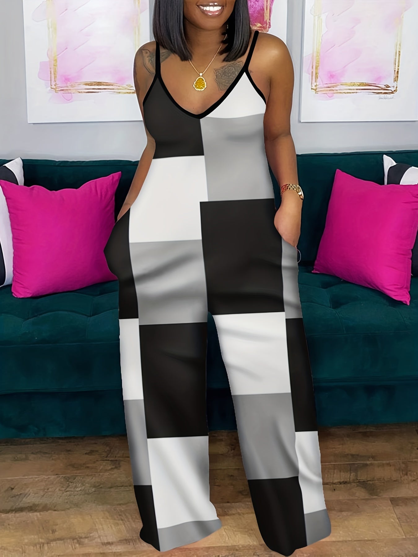 Colorblock Print V Neck Cami Jumpsuit
