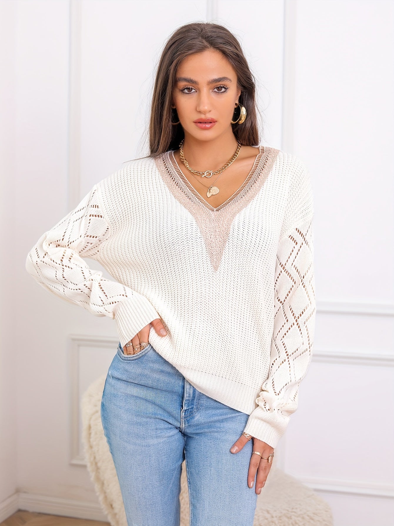 Casual V Neck Knitted Sweater for Fall & Winter