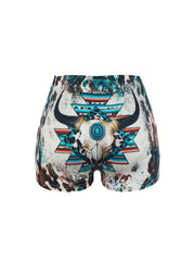 Bull Skull Print Skinny Shorts Women's Clothing