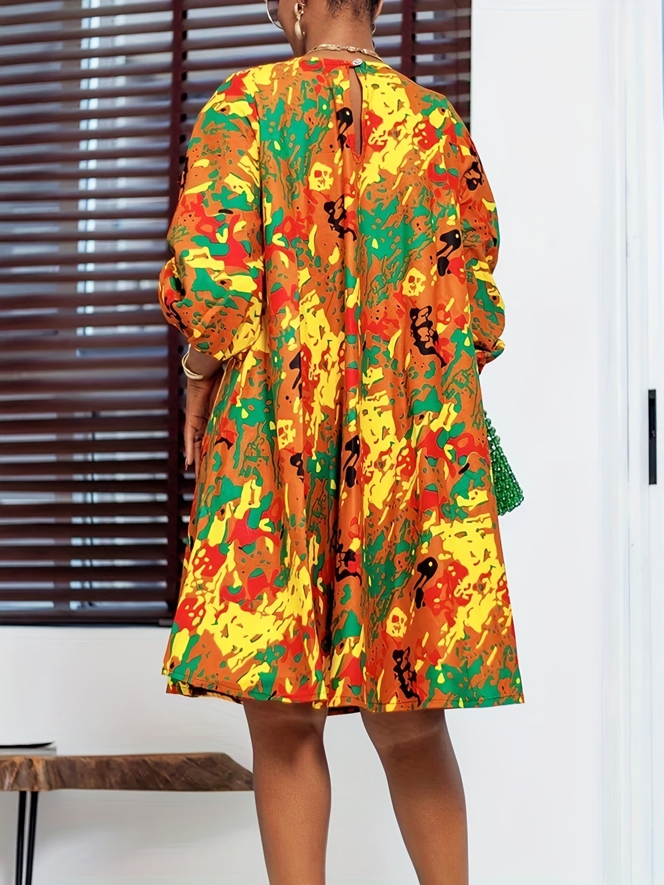 Abstract Print Dress Boho Keyhole Long Sleeve Women's Clothing