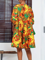 Abstract Print Dress Boho Keyhole Long Sleeve Women's Clothing