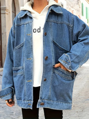 Preppy Denim Jacket Women's Plus Button Up Lapel Collar Denim Coat