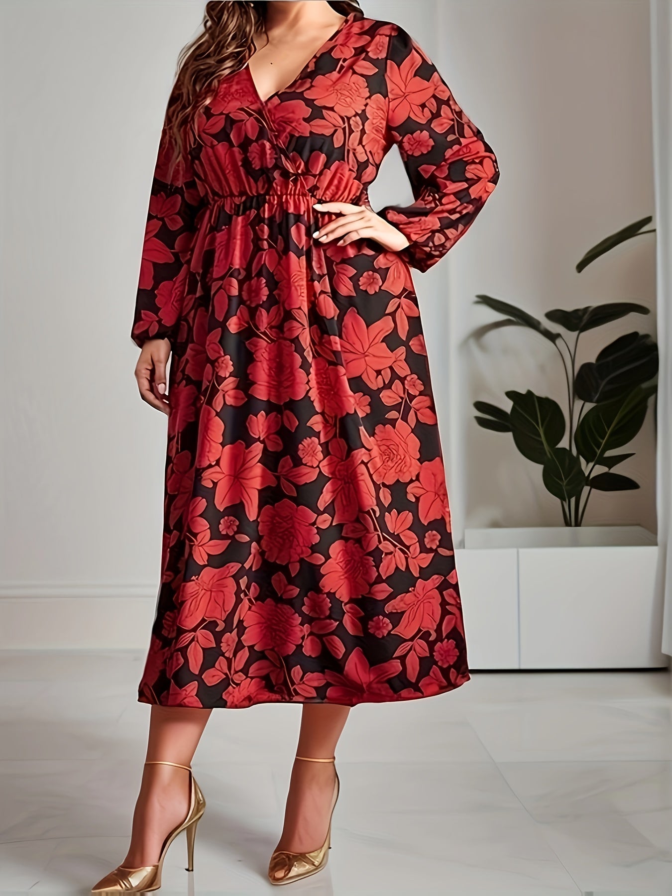 Casual Dress Women's Plus Floral Print Long Sleeve V Neck