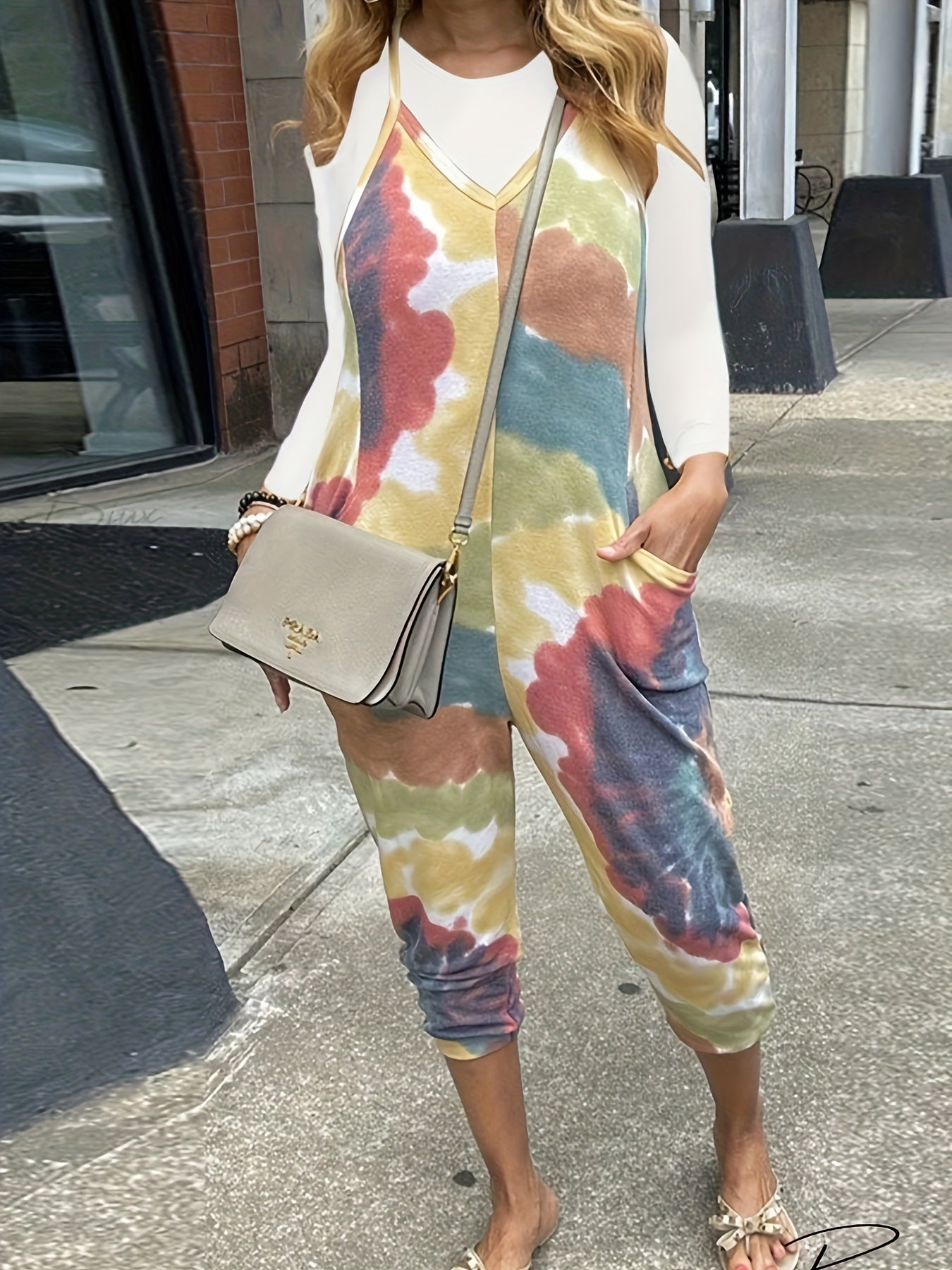Colorblock V Neck Cami Jumpsuit With Pockets