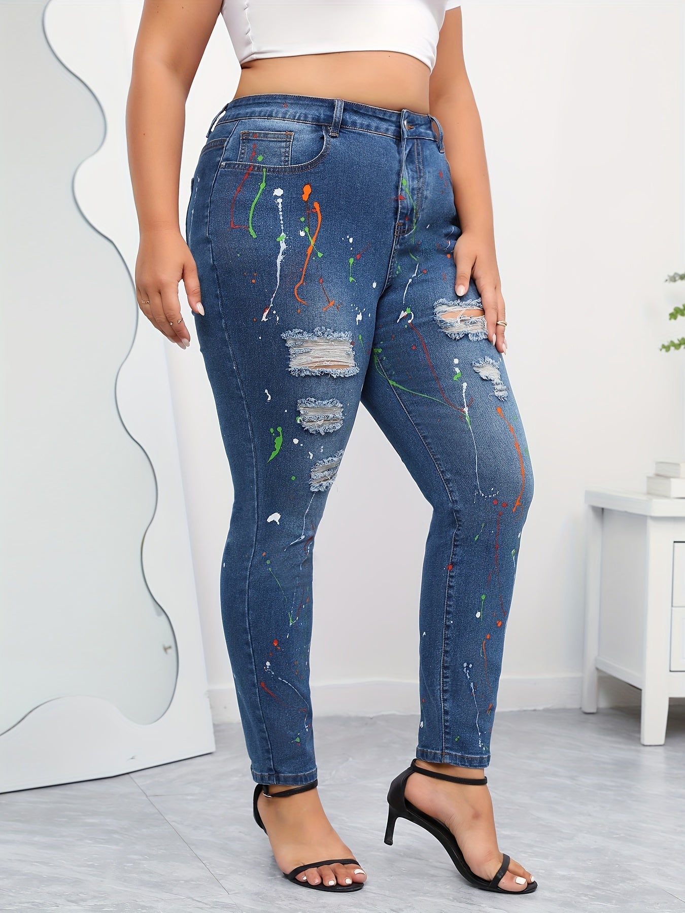 Splash Print Ripped High Rise Skinny Jeans