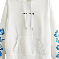 Butterfly & Letter Print Kangaroo Pocket Hoodie Women's Sweatshirt