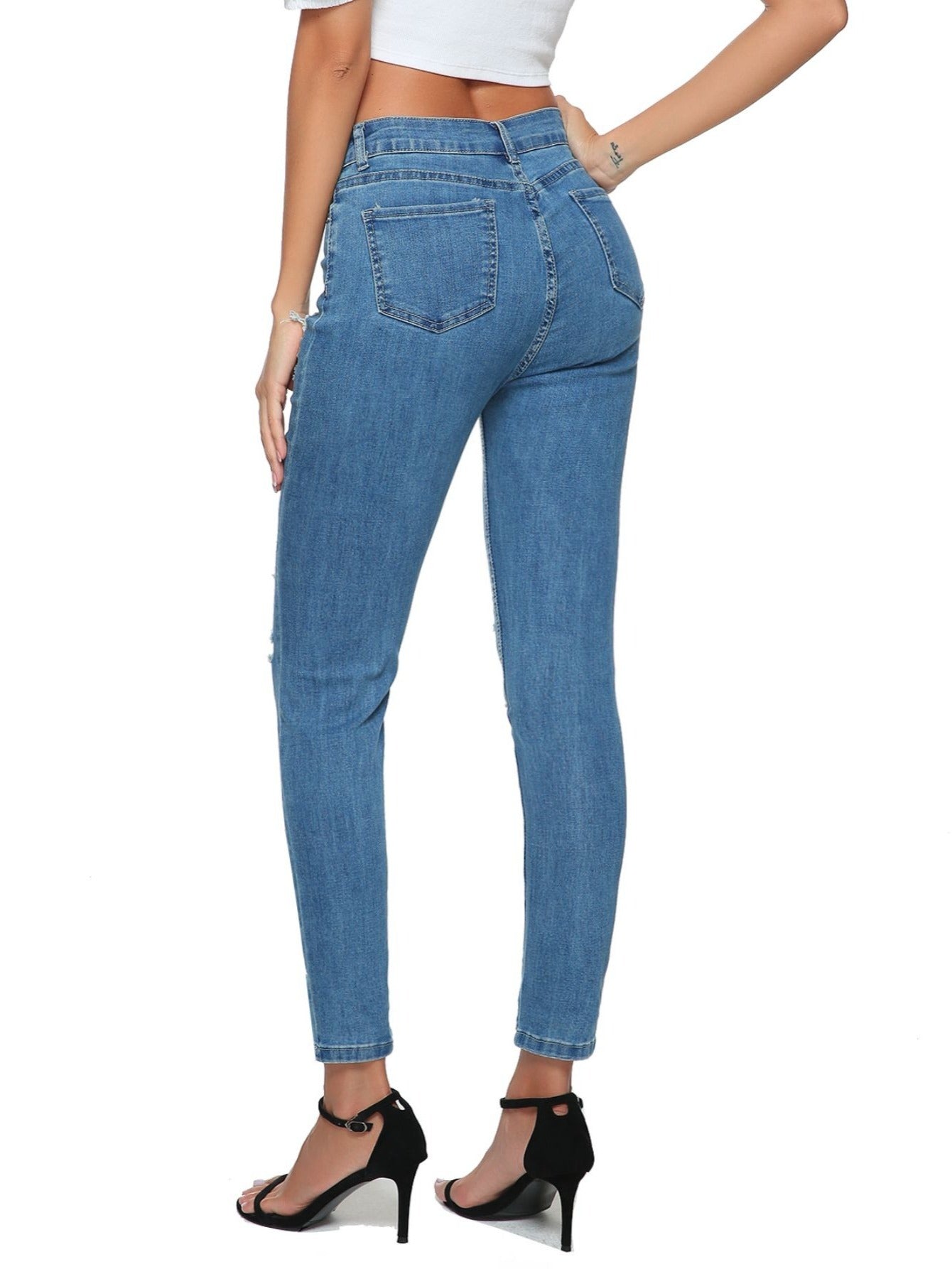 High Waisted Distressed Slim Fit Denim Pants